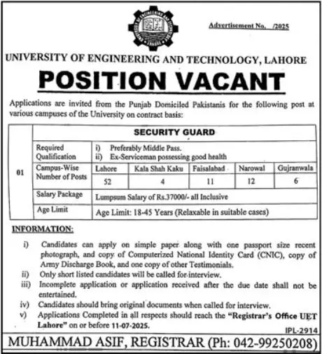 UET Lahore Job Advertisement 2025 for Security Guard Posts