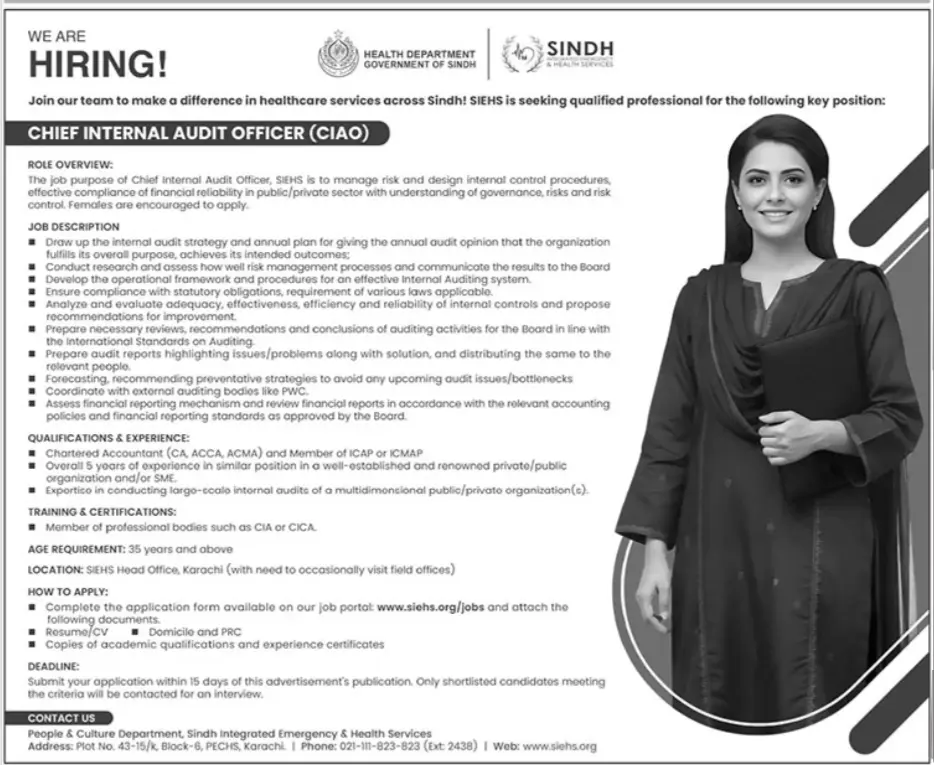 Official job advertisement for Chief Internal Audit Officer (CIAO) at Sindh Integrated Emergency & Health Services (SIEHS), published in Jang newspaper on 17 July 2025 – Government health sector opportunity in Karachi.
