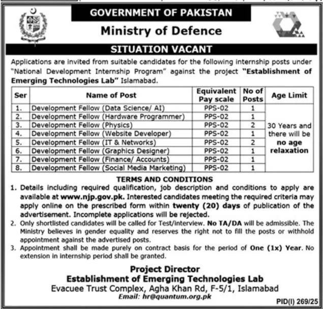 Official Advertisement for Ministry of Defence Internship Jobs 2025 published in Dunya Newspaper
