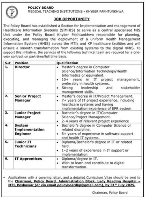 Official MTI Jobs 2025 Ad - Policy Board SIMHIS Project Public Board Medical Teaching Institution MTI Jobs 2025 Advertisement