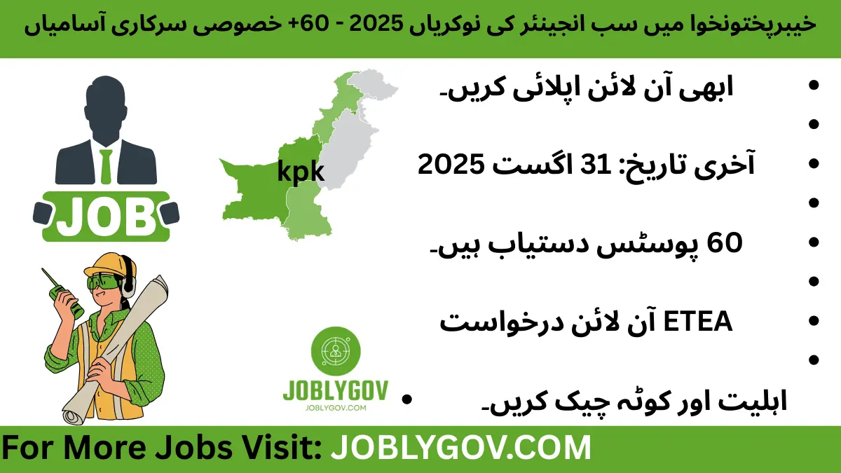 Apply online for 60 Sub Engineer BPS-12 posts in Khyber Pakhtunkhwa Irrigation Department through ETEA 2025 recruitment
